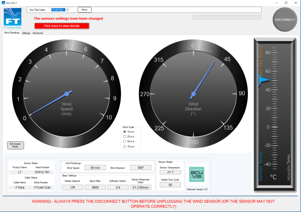 Screenshot of Acu-Vis software for FT ultrasonic wind sensors